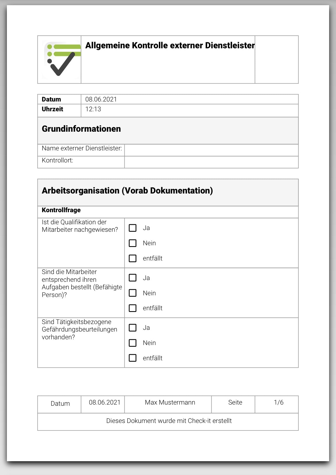 Das Bild zeigt eine PDF-Datei. Diese wird in der Check-it App generiert, wenn die Checkliste "Kontrolle von externen Dienstleistern" ausgefüllt wird.