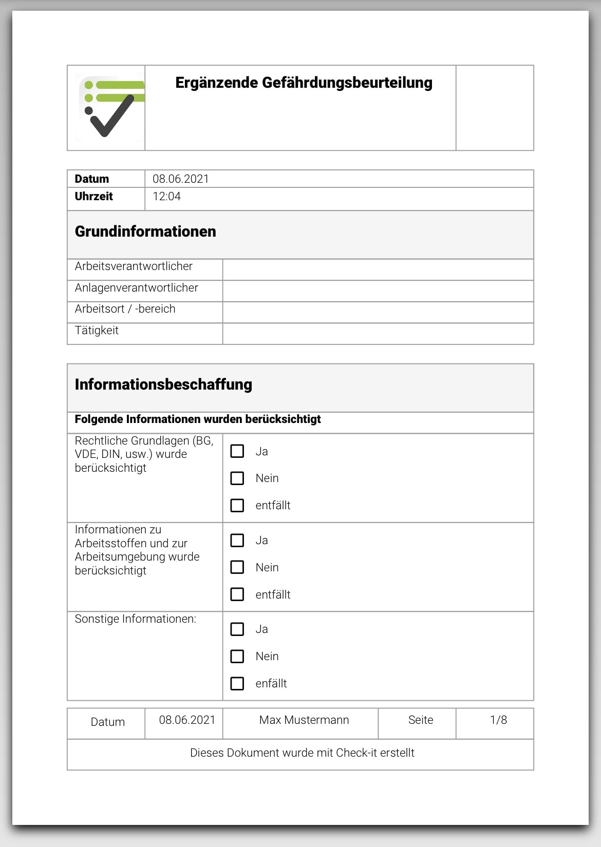 Das Bild zeigt das PDF Dokument, welches ausgegeben wird, wenn eine Gefährdungsbeurteilung mittels Check-it App ausgefüllt wird.