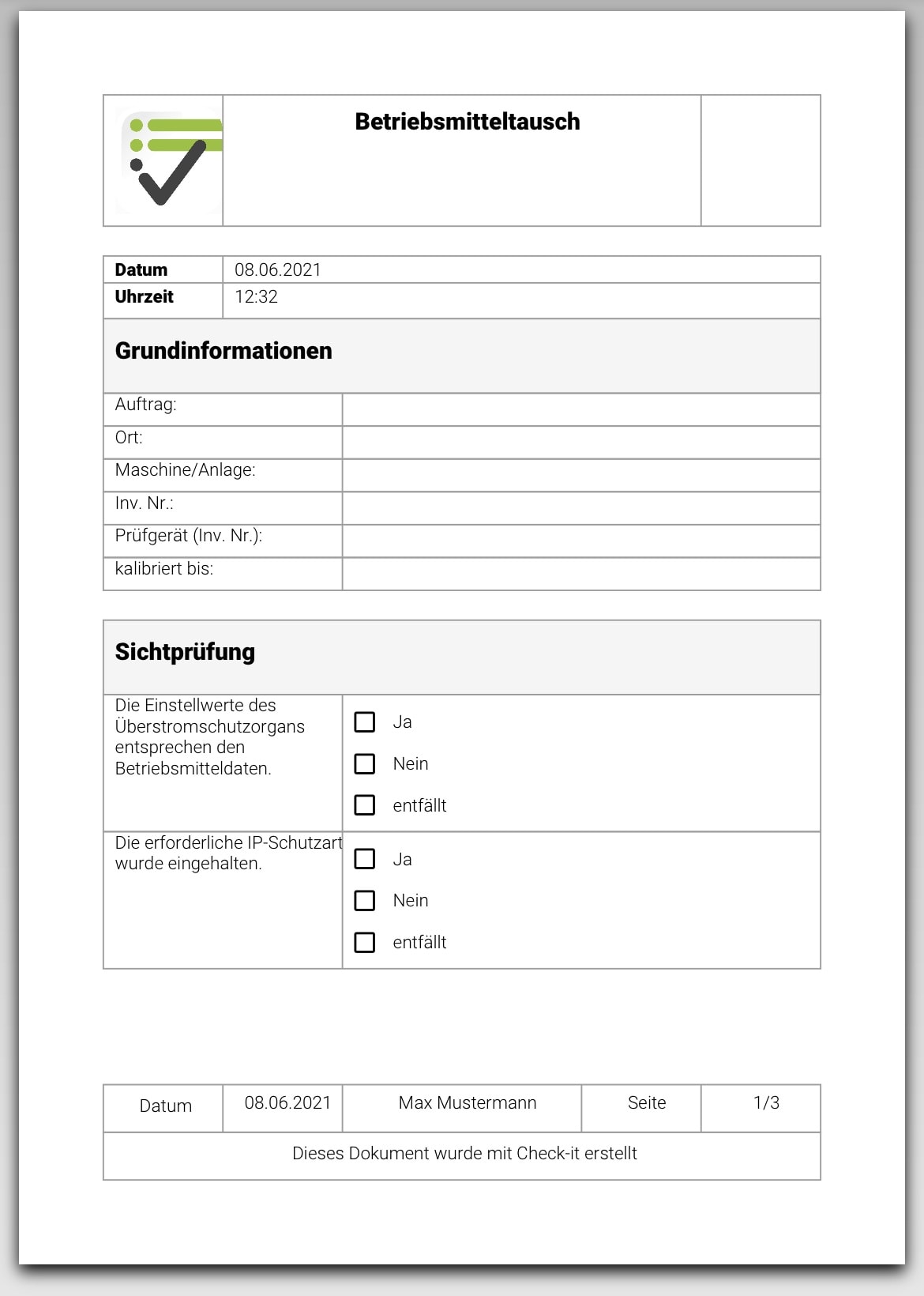 Das Bild zeigt die Checkliste Betriebsmitteltausch, wie sie nach dem Abschließen auf der App ausgegeben wird.