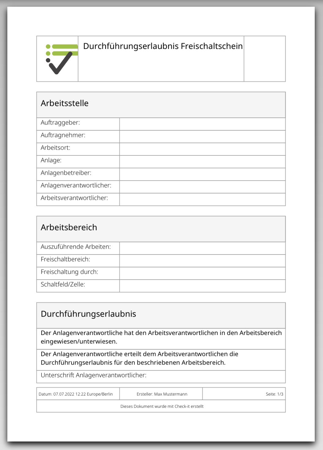 Das Bild zeigt die PDF-Datei, zur Checkliste Durchführungserlaubnis Freischaltschein