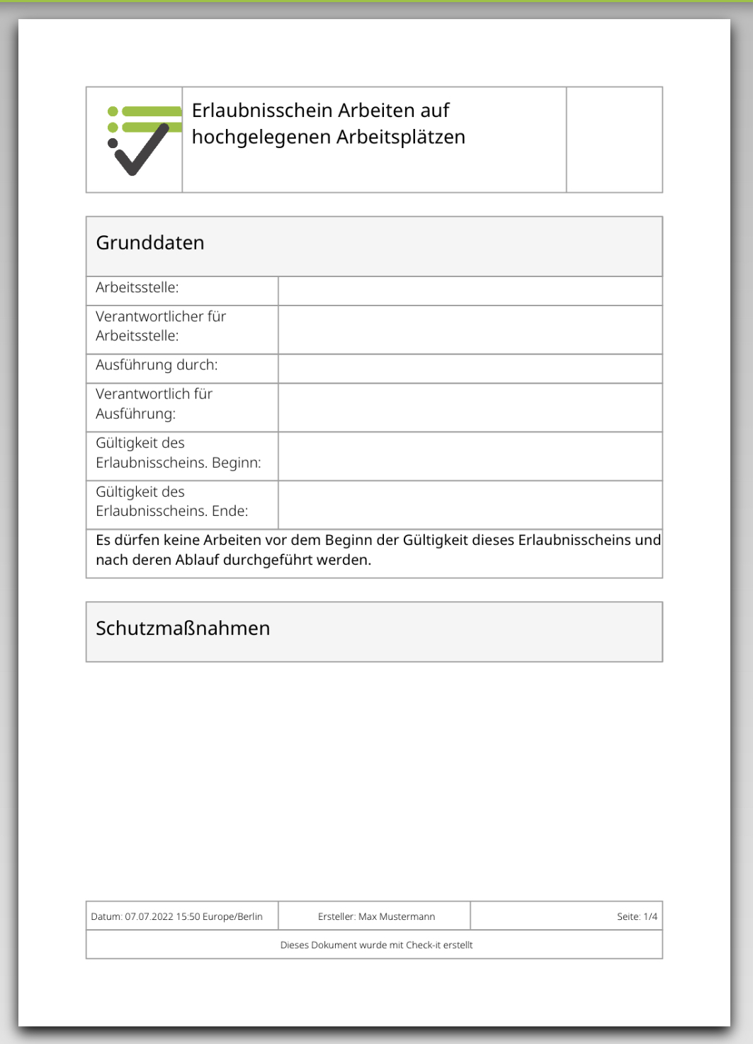 Das Bild zeigt die PDF Datei die generiert wird, wenn die Checkliste "Erlaubnisschein Arbeiten auf hochgegangenen Arbeitsplätzen" auf der Check-it App ausgefüllt wird