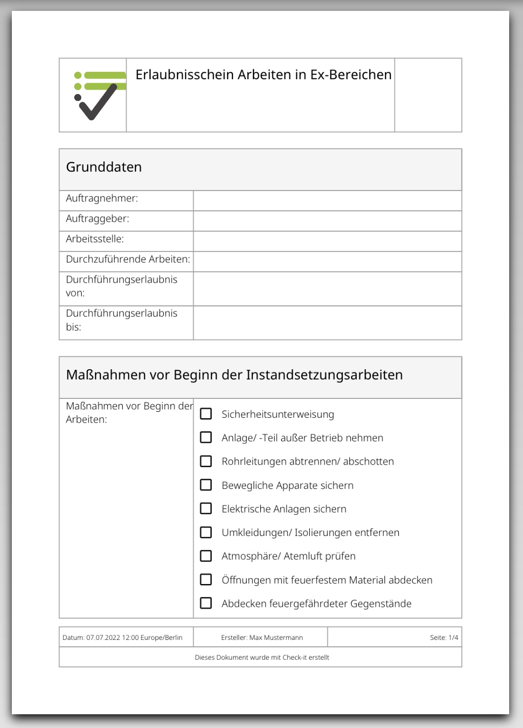 Das Bild zeigt die PDF-Datei, die nach dem Ausfüllen der Checkliste "Erlaubnisschein Arbeiten in Ex-Bereichen" ausgegeben wird.