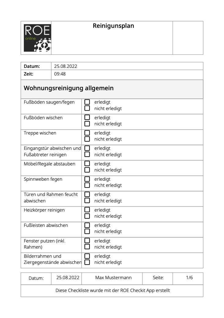 Das Bild zeigt die Checkliste Reinigungsplan, wie sie als PDF-Dokument nach dem Ausfüllen in der Check-it App ausgegeben wird.