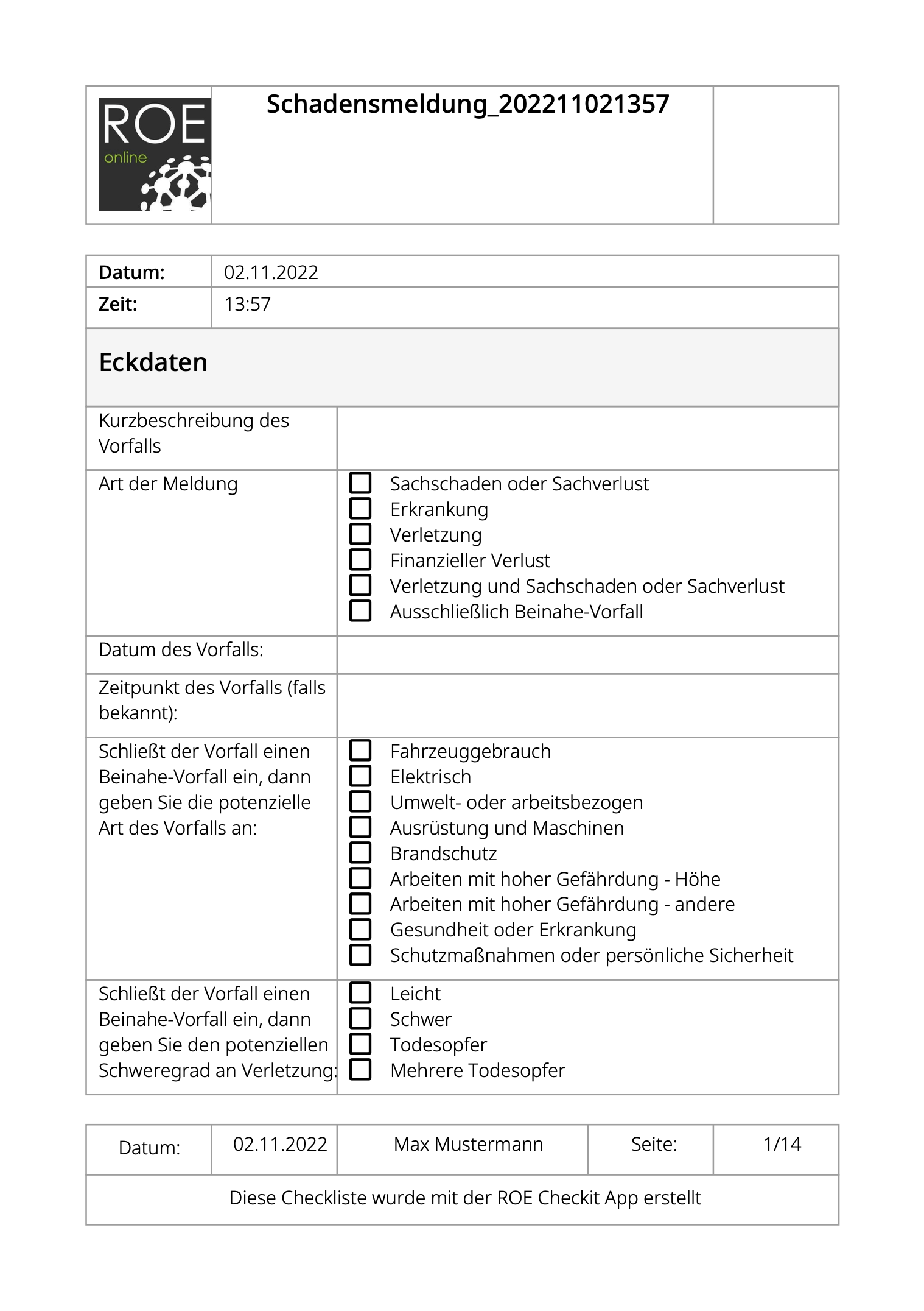 Das Bild zeigt die PDF-Datei die ausgegeben wird, wenn die Checkliste "Schadensmeldung" ausgefüllt wird.