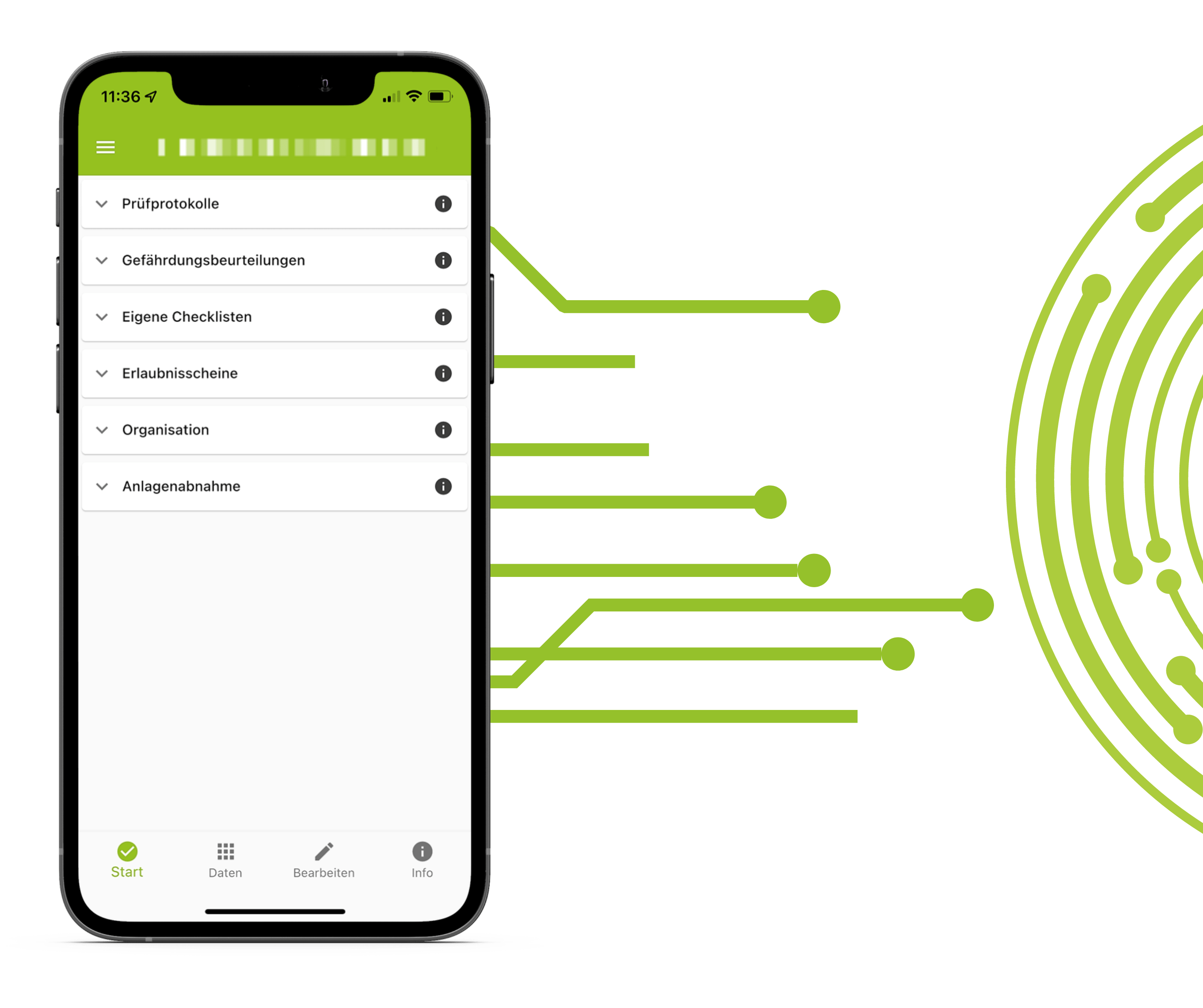 Durch das Check-it Add-On API, können Sie die App mit ihrem Server verbinden. Das Bild zeigt ein Handy mit mehreren Verbindungslinien.