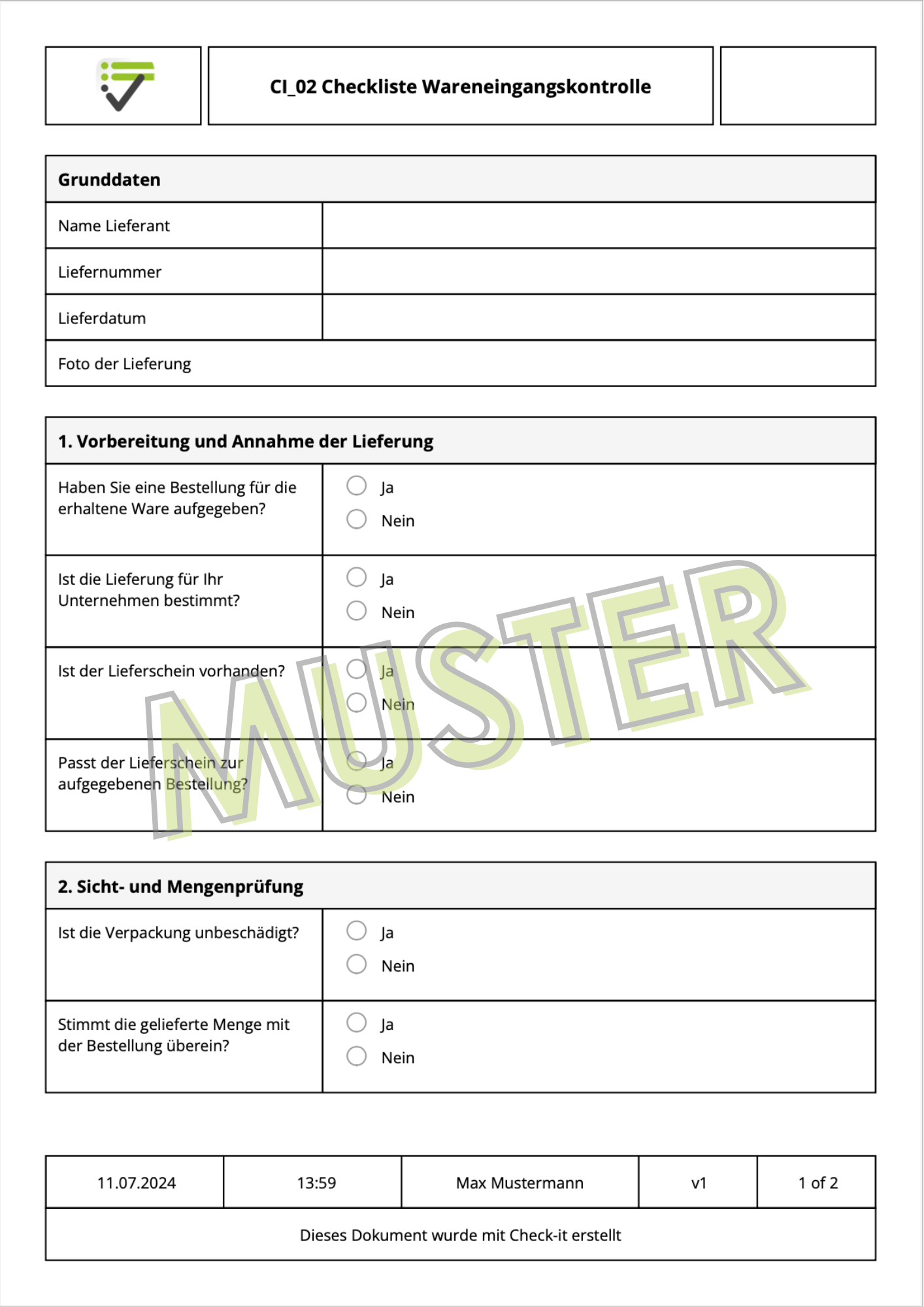 Mustercheckliste Erlaubnisschein Allgemein